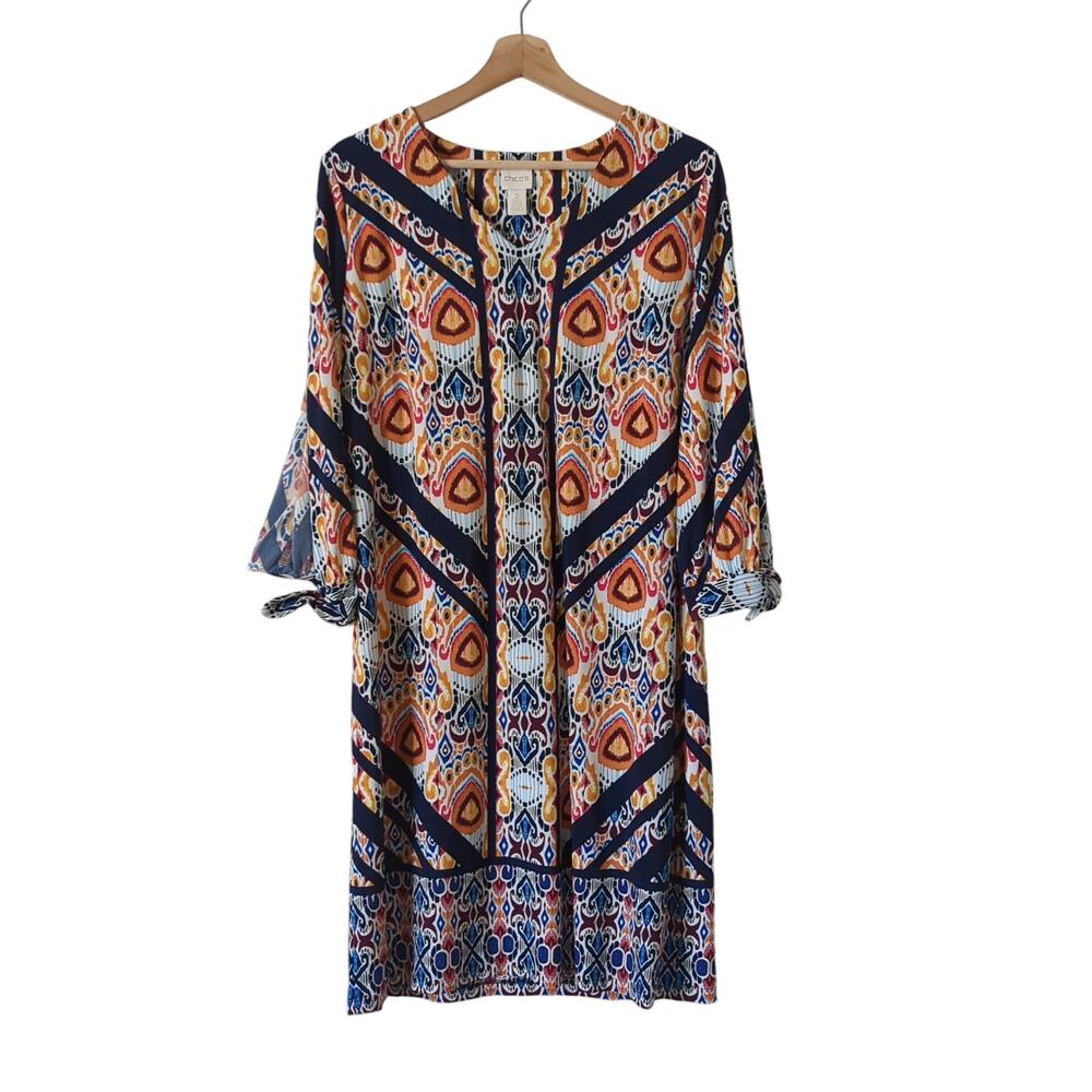 Chico's Dress Womens 2 US L Vibrant Multicolor Ikat‎ Medallion Split Tie Sleeve